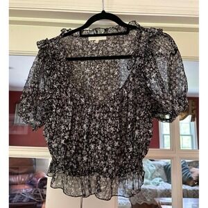 LoveShackFancy Silk Peasant Blouse Ruffles Black Star Print XS Balloon Sleeve